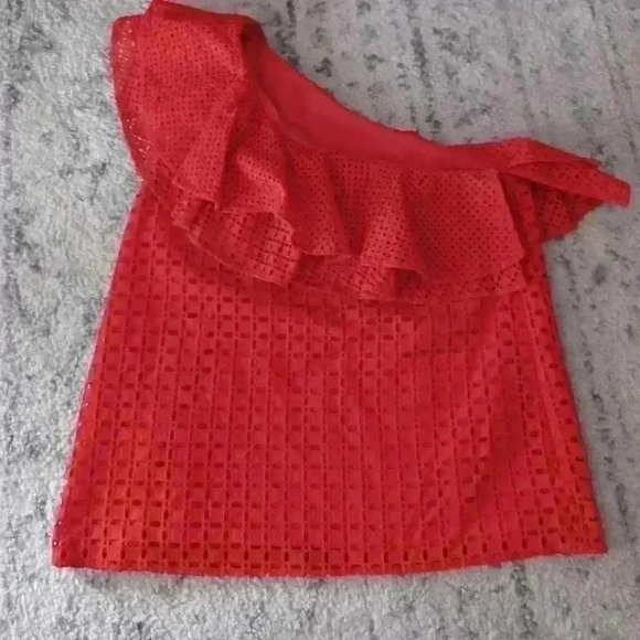 J Crew Women's Red Orange One Shoulder Ruffled Eyelit Top 2 - Picture 7 of 13